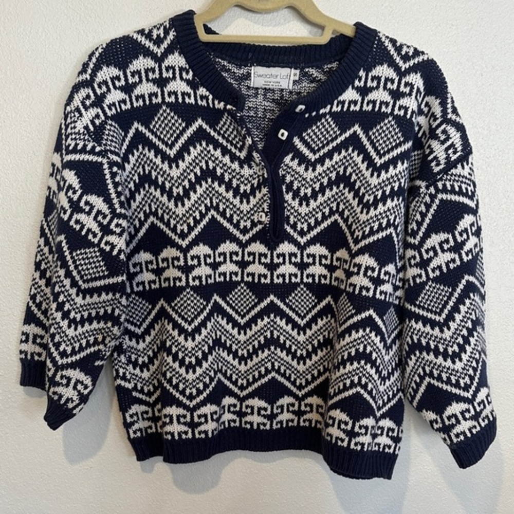 Vintage Cozy Cropped 100% Cotton Sweater in Navy and White Size S